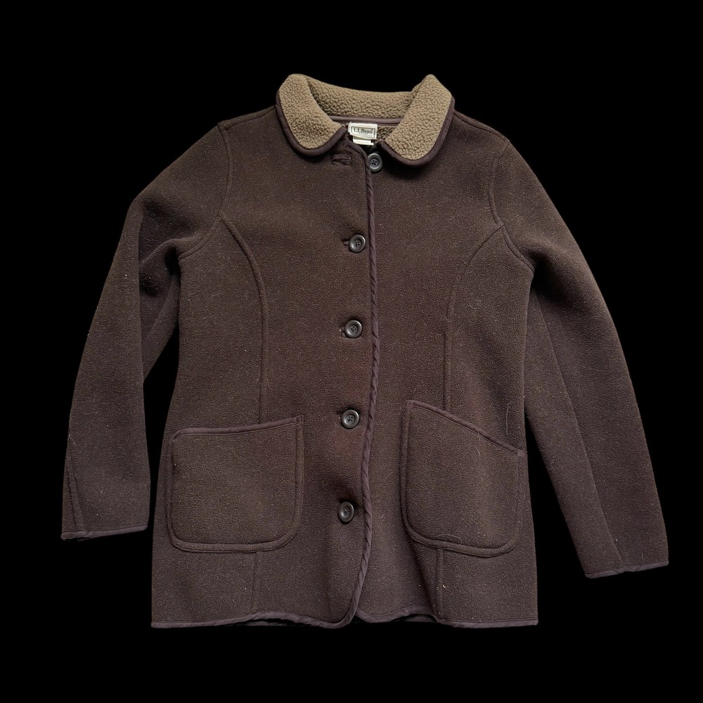 LL Bean Women Brown Fleece Button Front Jacket Sherpa Collar Medium Regular